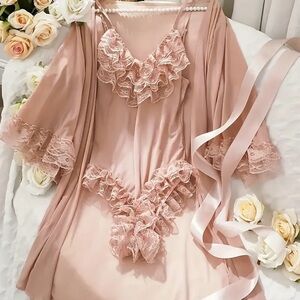 Luxurious Lace Trim Blush Robe